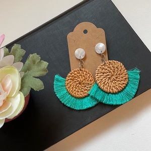 *Host Pick* New Handcrafted Bamboo Weave and Blue-Green Fringe Drop Earrings